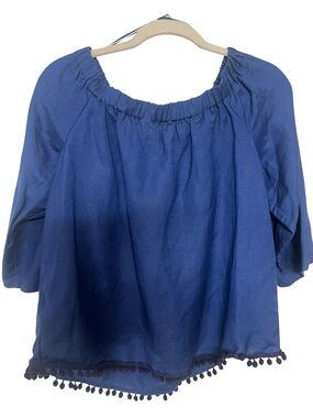 Joan Vass New York Blue Linen Blend Pom Pom Trim Blouse L NWT